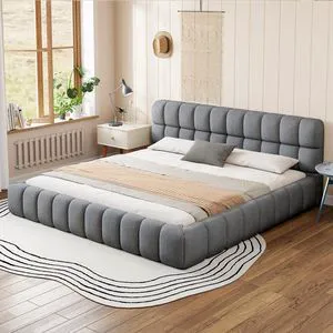 Hassyee King Size Modern Platform Bed with Upholstered Headboard, Grounded Bed with Wooden Slats Support, Mattress Base for Master Bedroom Guest Room, No Box Spring Needed (Gray King) Hassyee King Size Modern Platform Bed with Upholstered Headboard, Grounded Bed with Wooden Slats Support, Mattress Base for Master Bedroom Guest Room, No Box Spring Needed (Gray King)