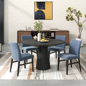 Hassyee 5-Piece Kitchen Set with Round Table and 4 Upholstered Chairs for Home Restaurant, Modern Dining Table and Chairs Set with Stylish Pedestal Base for Dining Room (Blue) Hassyee 5-Piece Kitchen Set with Round Table and 4 Upholstered Chairs for Home Restaurant, Modern Dining Table and Chairs Set with Stylish Pedestal Base for Dining Room (Blue)