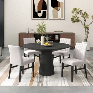 Hassyee 5-Piece Kitchen Set with Round Table and 4 Upholstered Chairs for Home Restaurant, Modern Dining Table and Chairs Set with Stylish Pedestal Base for Dining Room (Tan) Hassyee 5-Piece Kitchen Set with Round Table and 4 Upholstered Chairs for Home Restaurant, Modern Dining Table and Chairs Set with Stylish Pedestal Base for Dining Room (Tan)