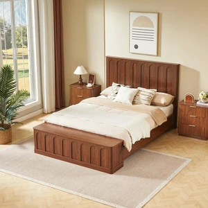 Queen Size Wooden Platform Bed with Headboard and Footboard Storage Bench, Mid-Century Modern Panel Bed Frame, Mattress Base with Slats Support for Bedroom Guest Room Apartment (Queen + Walnut) Queen Size Wooden Platform Bed with Headboard and Footboard Storage Bench, Mid-Century Modern Panel Bed Frame, Mattress Base with Slats Support for Bedroom Guest Room Apartment (Queen + Walnut)