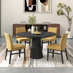 Hassyee 5-Piece Kitchen Set with Round Table and 4 Upholstered Chairs for Home Restaurant, Modern Dining Table and Chairs Set with Stylish Pedestal Base for Dining Room (Yellow) Hassyee 5-Piece Kitchen Set with Round Table and 4 Upholstered Chairs for Home Restaurant, Modern Dining Table and Chairs Set with Stylish Pedestal Base for Dining Room (Yellow)
