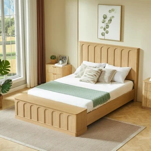 Hassyee Queen Size Wooden Platform Bed with Headboard and Footboard Storage Bench, Mid-Century Modern Panel Bed Frame, Mattress Base with Slats Support for Bedroom Guest Room Apartment (Queen + Oak) Hassyee Queen Size Wooden Platform Bed with Headboard and Footboard Storage Bench, Mid-Century Modern Panel Bed Frame, Mattress Base with Slats Support for Bedroom Guest Room Apartment (Queen + Oak)