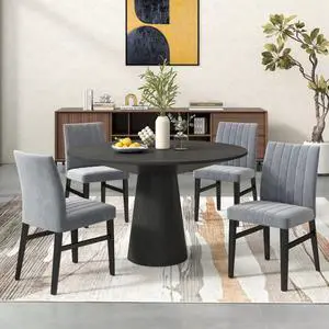Hassyee 5-Piece Kitchen Set with Round Table and 4 Upholstered Chairs for Home Restaurant, Modern Dining Table and Chairs Set with Stylish Pedestal Base for Dining Room (Gray) Hassyee 5-Piece Kitchen Set with Round Table and 4 Upholstered Chairs for Home Restaurant, Modern Dining Table and Chairs Set with Stylish Pedestal Base for Dining Room (Gray)
