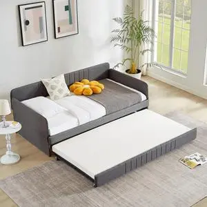 Hassyee Twin Size Upholstered Daybed with Trundle and Comfortable Backrest, Modern Captain's Bed with Slat Support, Sofa Bed Frame for Living Room Guest Room Apartment, No Box Spring Needed Hassyee Twin Size Upholstered Daybed with Trundle and Comfortable Backrest, Modern Captain's Bed with Slat Support, Sofa Bed Frame for Living Room Guest Room Apartment, No Box Spring Needed