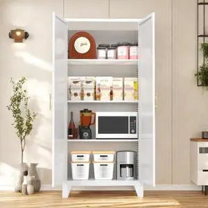 Hassyee Minimally Designed Pantry, Metal Storage Cabinet with Doors and Adjustable Shelves, for Bedroom, Living Room, Kitchen,Double Door Design, Suitable for Multiple Scenarios (61''+White) Hassyee Minimally Designed Pantry, Metal Storage Cabinet with Doors and Adjustable Shelves, for Bedroom, Living Room, Kitchen,Double Door Design, Suitable for Multiple Scenarios (61''+White)