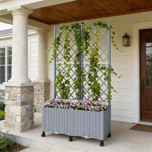 Hassyee Mobile Raised Garden Bed with Lockable Wheels and Trellis for Growing Flowers, Plants, Outdoor Plastic Planter Box with Drainage Holes and Self-Watering System for Backyard, Lawn (Gray) Hassyee Mobile Raised Garden Bed with Lockable Wheels and Trellis for Growing Flowers, Plants, Outdoor Plastic Planter Box with Drainage Holes and Self-Watering System for Backyard, Lawn (Gray)