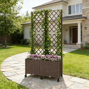 Hassyee Mobile Raised Garden Bed with Lockable Wheels and Trellis for Growing Flowers, Plants, Outdoor Plastic Planter Box with Drainage Holes and Self-Watering System for Backyard, Lawn (Brown) Hassyee Mobile Raised Garden Bed with Lockable Wheels and Trellis for Growing Flowers, Plants, Outdoor Plastic Planter Box with Drainage Holes and Self-Watering System for Backyard, Lawn (Brown)
