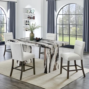 Hassyee 5-Piece Rectangular Dinner Table Set with Faux Marble Tabletop and 4 Fabric Upholstered Chairs for 4, Contemporary Kitchen Set with Solid Wood Frame for Family Gathering Hassyee 5-Piece Rectangular Dinner Table Set with Faux Marble Tabletop and 4 Fabric Upholstered Chairs for 4, Contemporary Kitchen Set with Solid Wood Frame for Family Gathering