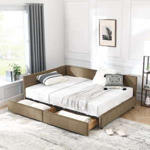 Hassyee Full Size Upholstered Daybed with Storage Drawers and Tufted Backrest, Modern Captain's Bed Frame with Comfortable Armrests and Slat Support for Bedroom Living Room Guest Room (Brown Full) Hassyee Full Size Upholstered Daybed with Storage Drawers and Tufted Backrest, Modern Captain's Bed Frame with Comfortable Armrests and Slat Support for Bedroom Living Room Guest Room (Brown Full)