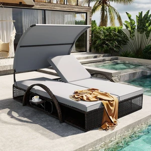 HDPE Wicker Dual Patio Chaise Lounge w/Steel Frame & Removable Cushion for Poolside, 2 Seater Outdoor Sunbed Lounge Chair w/Adjustable Backrest & Arched Canopy for Garden, Porch, Sunbathing (Grey) HDPE Wicker Dual Patio Chaise Lounge w/Steel Frame & Removable Cushion for Poolside, 2 Seater Outdoor Sunbed Lounge Chair w/Adjustable Backrest & Arched Canopy for Garden, Porch, Sunbathing (Grey)