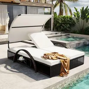 HDPE Wicker Dual Patio Chaise Lounge w/Steel Frame & Removable Cushion for Poolside, 2 Seater Outdoor Sunbed Lounge Chair w/Adjustable Backrest & Arched Canopy for Garden, Porch, Sunbathing (Beige) HDPE Wicker Dual Patio Chaise Lounge w/Steel Frame & Removable Cushion for Poolside, 2 Seater Outdoor Sunbed Lounge Chair w/Adjustable Backrest & Arched Canopy for Garden, Porch, Sunbathing (Beige)