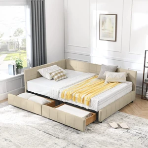 Hassyee Full Size Upholstered Daybed with Storage Drawers and Tufted Backrest, Modern Captain's Bed Frame with Comfortable Armrests and Slat Support for Bedroom Living Room Guest Room (Beige Full) Hassyee Full Size Upholstered Daybed with Storage Drawers and Tufted Backrest, Modern Captain's Bed Frame with Comfortable Armrests and Slat Support for Bedroom Living Room Guest Room (Beige Full)