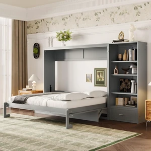 Hassyee Queen Size Murphy Bed with Height Adjustable Storage Compartments and Shelf, Hidden Murphy Cabinet Bed with Drawer, Foldable Platform Bed for Bedroom Guest Room Apartment (Gray Queen) Hassyee Queen Size Murphy Bed with Height Adjustable Storage Compartments and Shelf, Hidden Murphy Cabinet Bed with Drawer, Foldable Platform Bed for Bedroom Guest Room Apartment (Gray Queen)
