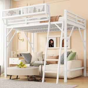 Queen/Full Size Loft Bed with Ladder and Slats Support, Teens Metal Dorm Bed with Storage Shelves and Safety Guardrail, Corner Beds for Boys Girls Bedroom Apartment, No Box Spring Needed (White Queen) Queen/Full Size Loft Bed with Ladder and Slats Support, Teens Metal Dorm Bed with Storage Shelves and Safety Guardrail, Corner Beds for Boys Girls Bedroom Apartment, No Box Spring Needed (White Queen)