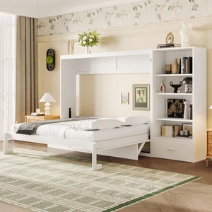 Hassyee Queen Size Murphy Bed with Height Adjustable Storage Compartments and Shelf, Hidden Murphy Cabinet Bed with Drawer, Foldable Platform Bed for Bedroom Guest Room Apartment (White Queen) Hassyee Queen Size Murphy Bed with Height Adjustable Storage Compartments and Shelf, Hidden Murphy Cabinet Bed with Drawer, Foldable Platform Bed for Bedroom Guest Room Apartment (White Queen)