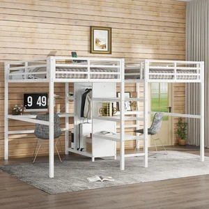 Twin Over Twin Metal Loft Bed with Double Desk and Wardrobe, Dorm Bed with Ladder, Guardrail and Storage Shelves for Teens Shared Room Bedroom Apartment, Noise Reduction (Beige Twin Over Twin) Twin Over Twin Metal Loft Bed with Double Desk and Wardrobe, Dorm Bed with Ladder, Guardrail and Storage Shelves for Teens Shared Room Bedroom Apartment, Noise Reduction (Beige Twin Over Twin)