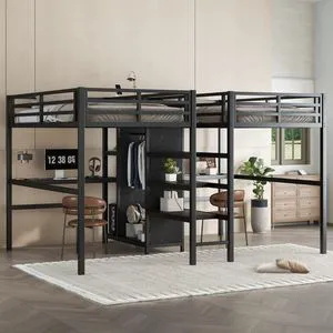 Twin Over Twin Metal Loft Bed with Double Desk and Wardrobe, Dorm Bed with Ladder, Guardrail and Storage Shelves for Teens Shared Room Bedroom Apartment, Noise Reduction (Black Twin Over Twin) Twin Over Twin Metal Loft Bed with Double Desk and Wardrobe, Dorm Bed with Ladder, Guardrail and Storage Shelves for Teens Shared Room Bedroom Apartment, Noise Reduction (Black Twin Over Twin)