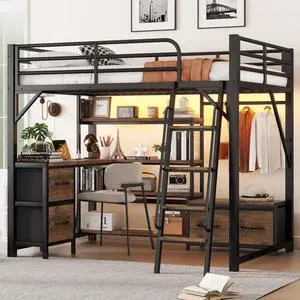 Hassyee Queen/Full Size Metal Loft Bed with Storage Shelves, Drawers and Wardrobe, Dorm Bed with Desk, LED Light and Charge Station, Corner Beds for Boys Girls Bedroom Guest (Black Full) Hassyee Queen/Full Size Metal Loft Bed with Storage Shelves, Drawers and Wardrobe, Dorm Bed with Desk, LED Light and Charge Station, Corner Beds for Boys Girls Bedroom Guest (Black Full)