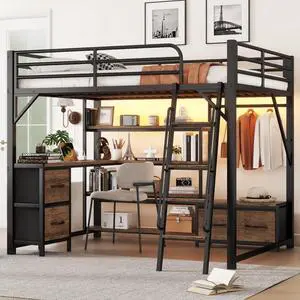 Hassyee Queen/Full Size Metal Loft Bed with Storage Shelves, Drawers and Wardrobe, Dorm Bed with Desk, LED Light and Charge Station, Corner Beds for Boys Girls Bedroom Guest (Black Queen) Hassyee Queen/Full Size Metal Loft Bed with Storage Shelves, Drawers and Wardrobe, Dorm Bed with Desk, LED Light and Charge Station, Corner Beds for Boys Girls Bedroom Guest (Black Queen)
