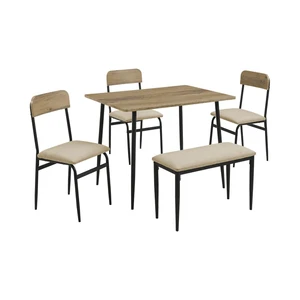 Hassyee 5-Piece Dinner Table Set with Rectangular Table and 3 Ergonomic Chairs & 1 Long Bench for Dining Room, Industrial Kitchen Set with MDF Tabletop & Metal Frame for Bar Cafe Hassyee 5-Piece Dinner Table Set with Rectangular Table and 3 Ergonomic Chairs & 1 Long Bench for Dining Room, Industrial Kitchen Set with MDF Tabletop & Metal Frame for Bar Cafe
