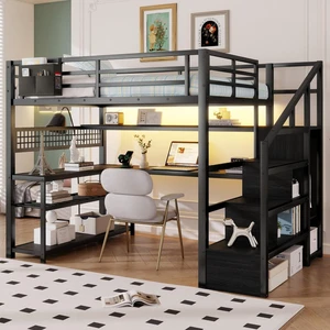 Full Size Loft Bed with Staircase and Wardrobe, Metal Dorm Bed with Desk, Storage Shelves, LED Lights and Charge Station, Corner Beds with Guardrail for Boys Girls Bedroom Guest Playroom (Black Full) Full Size Loft Bed with Staircase and Wardrobe, Metal Dorm Bed with Desk, Storage Shelves, LED Lights and Charge Station, Corner Beds with Guardrail for Boys Girls Bedroom Guest Playroom (Black Full)