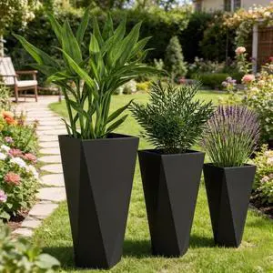 Hassyee 3 Pieces Planters Set with Drainage Hole and Geometric Surface for Growing Flowers, Plants, Outdoor MGO Flower Pots with Stackable Design and Stone-Like Surface for Porch, Lawn Hassyee 3 Pieces Planters Set with Drainage Hole and Geometric Surface for Growing Flowers, Plants, Outdoor MGO Flower Pots with Stackable Design and Stone-Like Surface for Porch, Lawn
