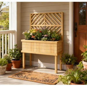 Hassyee Elevated Wooden Planter Box with Trellis and Legs for Growing Flowers, Plants, Vegetables, Outdoor Raised Garden Bed with Drainage Holes and Bed Liner for Backyard, Lawn (Light Brown) Hassyee Elevated Wooden Planter Box with Trellis and Legs for Growing Flowers, Plants, Vegetables, Outdoor Raised Garden Bed with Drainage Holes and Bed Liner for Backyard, Lawn (Light Brown)