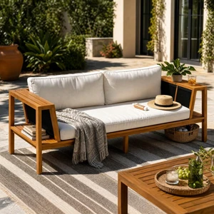 Hassyee Premium Acacia Wood Outdoor Daybed w/Handwoven Rope Armrests for Backyard, Modern 2 Seater Garden Sofa w/Removable Cushions for Porch, Solid Wood Patio Couch for Balcony, Deck (Cream) Hassyee Premium Acacia Wood Outdoor Daybed w/Handwoven Rope Armrests for Backyard, Modern 2 Seater Garden Sofa w/Removable Cushions for Porch, Solid Wood Patio Couch for Balcony, Deck (Cream)