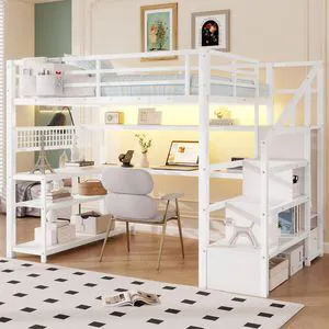 Full Size Loft Bed with Staircase and Wardrobe, Metal Dorm Bed with Desk, Storage Shelves, LED Lights and Charge Station, Corner Beds with Guardrail for Boys Girls Bedroom Guest Playroom (White Full) Full Size Loft Bed with Staircase and Wardrobe, Metal Dorm Bed with Desk, Storage Shelves, LED Lights and Charge Station, Corner Beds with Guardrail for Boys Girls Bedroom Guest Playroom (White Full)