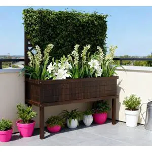 Hassyee Elevated Wooden Planter Box with Trellis and Legs for Growing Flowers, Plants, Vegetables, Outdoor Raised Garden Bed with Drainage Holes and Bed Liner for Backyard, Lawn (Brown) Hassyee Elevated Wooden Planter Box with Trellis and Legs for Growing Flowers, Plants, Vegetables, Outdoor Raised Garden Bed with Drainage Holes and Bed Liner for Backyard, Lawn (Brown)