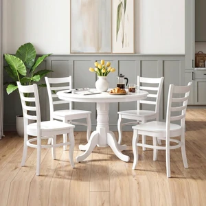 Hassyee 5-Piece Dinner Table Set with Round Table and 4 Ladder Back Chairs for Home Bar Cafe, Farmhouse Kitchen Table Set with Cross Shape Pedestal Base for Family Gathering Hassyee 5-Piece Dinner Table Set with Round Table and 4 Ladder Back Chairs for Home Bar Cafe, Farmhouse Kitchen Table Set with Cross Shape Pedestal Base for Family Gathering