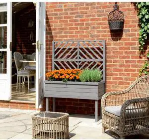 Hassyee Elevated Wooden Planter Box with Trellis and Legs for Growing Flowers, Plants, Vegetables, Outdoor Raised Garden Bed with Drainage Holes and Bed Liner for Backyard, Lawn (Grey) Hassyee Elevated Wooden Planter Box with Trellis and Legs for Growing Flowers, Plants, Vegetables, Outdoor Raised Garden Bed with Drainage Holes and Bed Liner for Backyard, Lawn (Grey)