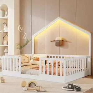 Hassyee Twin/Full Size Montessori Bed with LED Light and Safety Guardrail, House Floor Bed with Wooden Slats Support for Boys Girls Bedroom Playroom, No Box Spring Needed (White Full) Hassyee Twin/Full Size Montessori Bed with LED Light and Safety Guardrail, House Floor Bed with Wooden Slats Support for Boys Girls Bedroom Playroom, No Box Spring Needed (White Full)