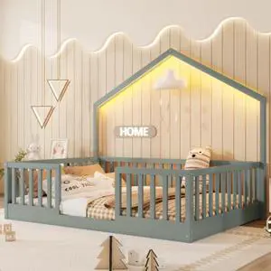 Hassyee Twin/Full Size Montessori Bed with LED Light and Safety Guardrail, House Floor Bed with Wooden Slats Support for Boys Girls Bedroom Playroom, No Box Spring Needed (Grey Full) Hassyee Twin/Full Size Montessori Bed with LED Light and Safety Guardrail, House Floor Bed with Wooden Slats Support for Boys Girls Bedroom Playroom, No Box Spring Needed (Grey Full)