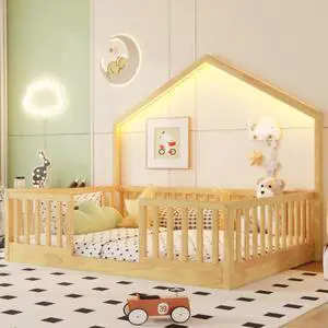 Hassyee Twin/Full Size Montessori Bed with LED Light and Safety Guardrail, House Floor Bed with Wooden Slats Support for Boys Girls Bedroom Playroom, No Box Spring Needed (Natural Full) Hassyee Twin/Full Size Montessori Bed with LED Light and Safety Guardrail, House Floor Bed with Wooden Slats Support for Boys Girls Bedroom Playroom, No Box Spring Needed (Natural Full)