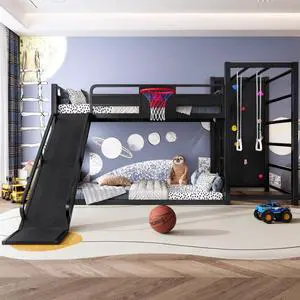 Hassyee Twin XL/Twin/Full Size Metal Loft/Bunk Bed with Basketball Hoop, Climbing Wall and Bookshelves, Dorm Bed with Slide, Guardrail and Ladder for Boys Girls Bedroom Playroom (Black Twin) Hassyee Twin XL/Twin/Full Size Metal Loft/Bunk Bed with Basketball Hoop, Climbing Wall and Bookshelves, Dorm Bed with Slide, Guardrail and Ladder for Boys Girls Bedroom Playroom (Black Twin)