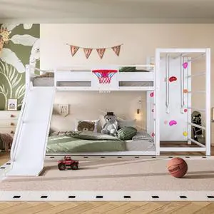 Hassyee Twin XL/Twin/Full Size Metal Loft/Bunk Bed with Basketball Hoop, Climbing Wall and Bookshelves, Dorm Bed with Slide, Guardrail and Ladder for Boys Girls Bedroom Playroom (White Full) Hassyee Twin XL/Twin/Full Size Metal Loft/Bunk Bed with Basketball Hoop, Climbing Wall and Bookshelves, Dorm Bed with Slide, Guardrail and Ladder for Boys Girls Bedroom Playroom (White Full)