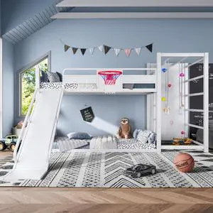 Hassyee Twin XL/Twin/Full Size Metal Loft/Bunk Bed with Basketball Hoop, Climbing Wall and Bookshelves, Dorm Bed with Slide, Guardrail and Ladder for Boys Girls Bedroom Playroom (White Twin) Hassyee Twin XL/Twin/Full Size Metal Loft/Bunk Bed with Basketball Hoop, Climbing Wall and Bookshelves, Dorm Bed with Slide, Guardrail and Ladder for Boys Girls Bedroom Playroom (White Twin)