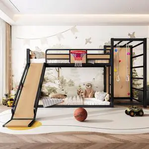 Hassyee Twin XL/Twin/Full Size Metal Loft/Bunk Bed with Basketball Hoop, Climbing Wall and Bookshelves, Dorm Bed with Slide, Guardrail and Ladder for Boys Girls Bedroom Playroom (Yellow Twin) Hassyee Twin XL/Twin/Full Size Metal Loft/Bunk Bed with Basketball Hoop, Climbing Wall and Bookshelves, Dorm Bed with Slide, Guardrail and Ladder for Boys Girls Bedroom Playroom (Yellow Twin)