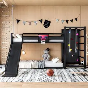 Hassyee Twin XL/Twin/Full Size Metal Loft/Bunk Bed with Basketball Hoop, Climbing Wall and Bookshelves, Dorm Bed with Slide, Guardrail and Ladder for Boys Girls Bedroom Playroom (Black Twin XL) Hassyee Twin XL/Twin/Full Size Metal Loft/Bunk Bed with Basketball Hoop, Climbing Wall and Bookshelves, Dorm Bed with Slide, Guardrail and Ladder for Boys Girls Bedroom Playroom (Black Twin XL)