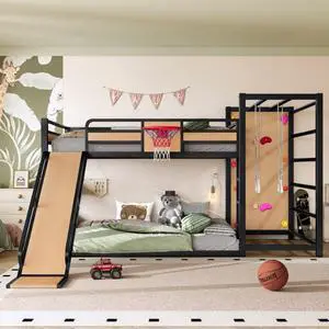 Hassyee Twin XL/Twin/Full Size Metal Loft/Bunk Bed with Basketball Hoop, Climbing Wall and Bookshelves, Dorm Bed with Slide, Guardrail and Ladder for Boys Girls Bedroom Playroom (Yellow Full) Hassyee Twin XL/Twin/Full Size Metal Loft/Bunk Bed with Basketball Hoop, Climbing Wall and Bookshelves, Dorm Bed with Slide, Guardrail and Ladder for Boys Girls Bedroom Playroom (Yellow Full)
