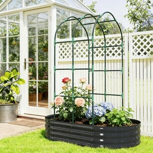 Hassyee Outdoor Raised Garden Bed with Arched Trellis and Open Bottom Design for Backyard, Lawn, Metal Planter Box with Modular Design for Growing Herbs, Flowers, Plants Hassyee Outdoor Raised Garden Bed with Arched Trellis and Open Bottom Design for Backyard, Lawn, Metal Planter Box with Modular Design for Growing Herbs, Flowers, Plants