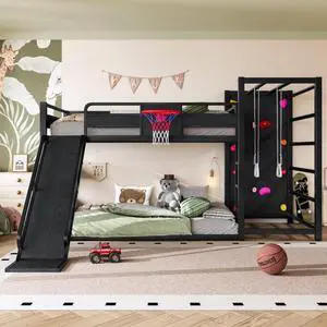 Hassyee Twin XL/Twin/Full Size Metal Loft/Bunk Bed with Basketball Hoop, Climbing Wall and Bookshelves, Dorm Bed with Slide, Guardrail and Ladder for Boys Girls Bedroom Playroom (Black Full) Hassyee Twin XL/Twin/Full Size Metal Loft/Bunk Bed with Basketball Hoop, Climbing Wall and Bookshelves, Dorm Bed with Slide, Guardrail and Ladder for Boys Girls Bedroom Playroom (Black Full)