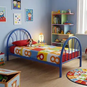 Twin Size Metal Platform Bed with Arched Headboard and Footboard, Panel Bedframe Mattress Base with Under-Bed Storage Space and Slats Support for Master Bedroom Guest Room Apartment (Blue Twin) Twin Size Metal Platform Bed with Arched Headboard and Footboard, Panel Bedframe Mattress Base with Under-Bed Storage Space and Slats Support for Master Bedroom Guest Room Apartment (Blue Twin)