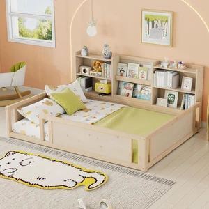Hassyee Twin/Full Size Wooden Floor Bed with Guardrail Fence and Side Storage Shelves, Montessori Bed with Bookcase for Boys Girls Bedroom Guest Playroom, Space-Saving (Full+Natural) Hassyee Twin/Full Size Wooden Floor Bed with Guardrail Fence and Side Storage Shelves, Montessori Bed with Bookcase for Boys Girls Bedroom Guest Playroom, Space-Saving (Full+Natural)