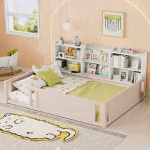 Hassyee Twin/Full Size Wooden Floor Bed with Guardrail Fence and Side Storage Shelves, Montessori Bed with Bookcase for Boys Girls Bedroom Guest Playroom, Space-Saving (Full+Nude&White) Hassyee Twin/Full Size Wooden Floor Bed with Guardrail Fence and Side Storage Shelves, Montessori Bed with Bookcase for Boys Girls Bedroom Guest Playroom, Space-Saving (Full+Nude&White)