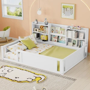 Hassyee Twin/Full Size Wooden Floor Bed with Safety Guardrail and Bookcase, Montessori Bed with Side Storage Shelves for Boys Girls Bedroom Guest Playroom, No Box Spring Needed (Full+White) Hassyee Twin/Full Size Wooden Floor Bed with Safety Guardrail and Bookcase, Montessori Bed with Side Storage Shelves for Boys Girls Bedroom Guest Playroom, No Box Spring Needed (Full+White)