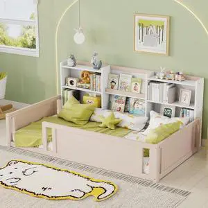 Hassyee Twin/Full Size Wooden Floor Bed with Safety Guardrail and Bookcase, Montessori Bed with Side Storage Shelves for Boys Girls Bedroom Guest Playroom, No Box Spring Needed (Twin+Nude& White) Hassyee Twin/Full Size Wooden Floor Bed with Safety Guardrail and Bookcase, Montessori Bed with Side Storage Shelves for Boys Girls Bedroom Guest Playroom, No Box Spring Needed (Twin+Nude& White)