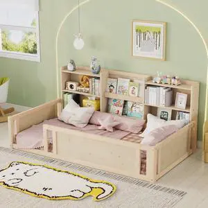 Hassyee Twin/Full Size Wooden Floor Bed with Safety Guardrail and Bookcase, Montessori Bed with Side Storage Shelves for Boys Girls Bedroom Guest Playroom, No Box Spring Needed (Twin+Natural) Hassyee Twin/Full Size Wooden Floor Bed with Safety Guardrail and Bookcase, Montessori Bed with Side Storage Shelves for Boys Girls Bedroom Guest Playroom, No Box Spring Needed (Twin+Natural)
