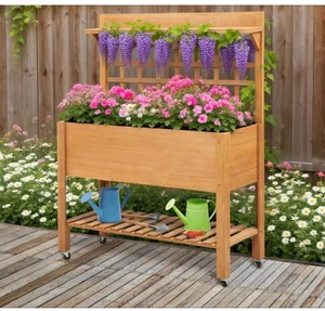 Hassyee Elevated Raised Bed with Storage Shelf and 4 Wheels for Backyard, Garden, Outdoor Wooden Planter Box with Trellis and Legs for Growing Plants, Flowers, Vegetables Hassyee Elevated Raised Bed with Storage Shelf and 4 Wheels for Backyard, Garden, Outdoor Wooden Planter Box with Trellis and Legs for Growing Plants, Flowers, Vegetables